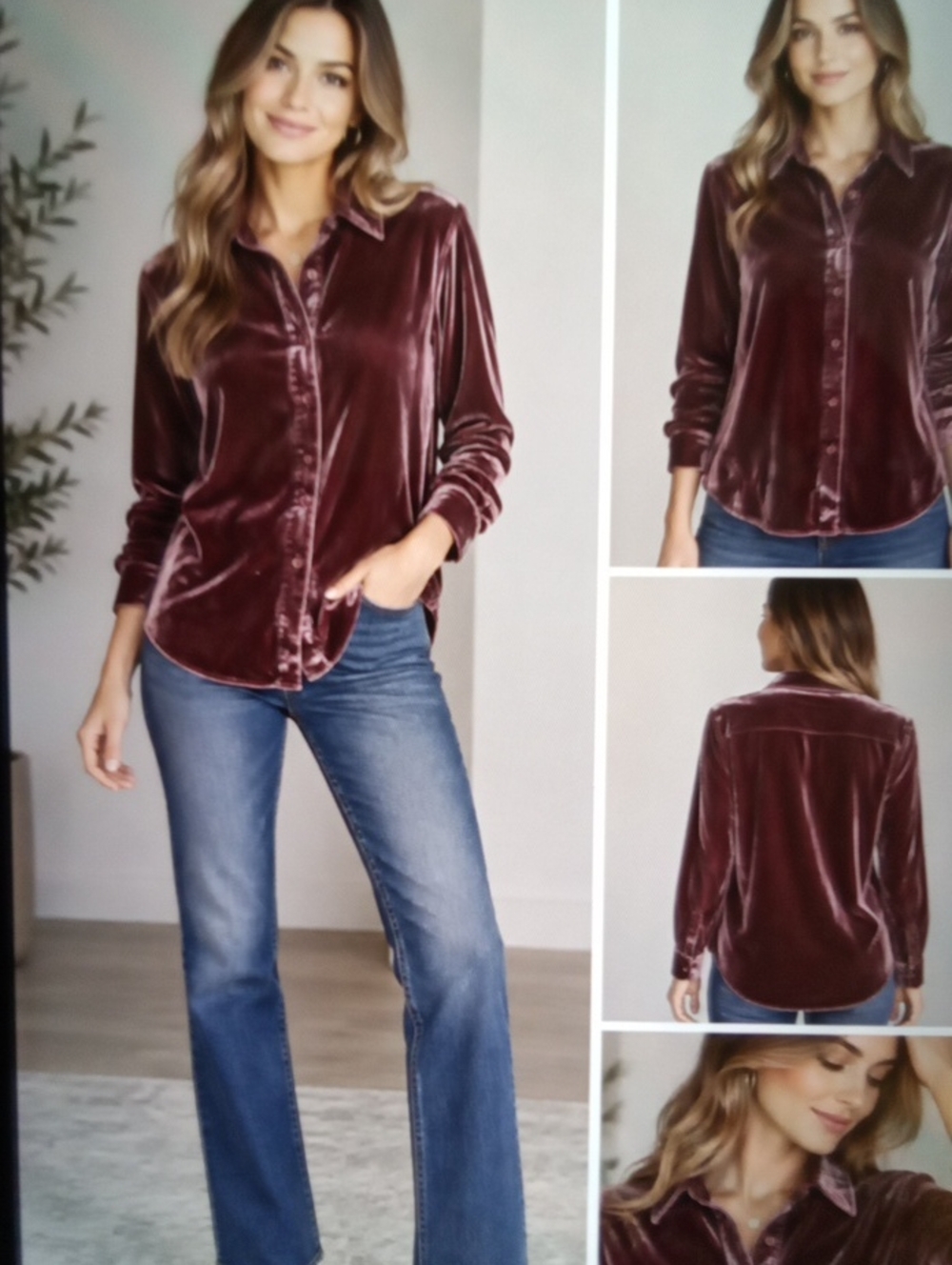 Quince Stretch Silk Velvet Long Sleeve Shirt Wine Tasting Red Holiday Party M